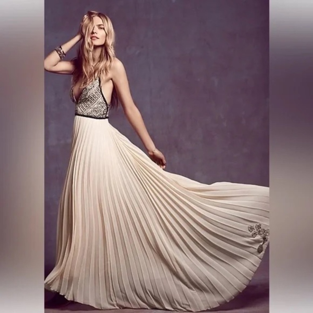 NWT Free People Bell of the Ball Chiffon Maxi Dress Gown Cream Black 0